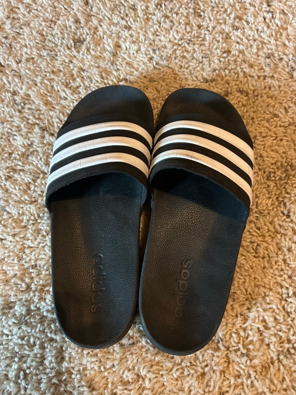 adidas Black Slides with White Three-Stripes